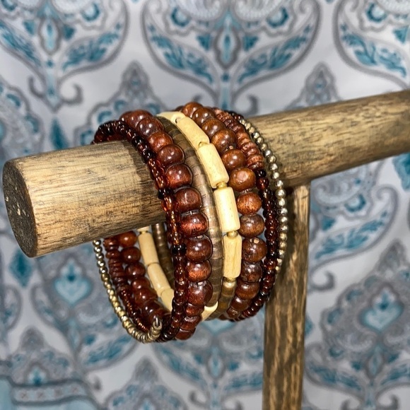 Slinky bracelets slip on‎ wood metal brass boho - Picture 1 of 3